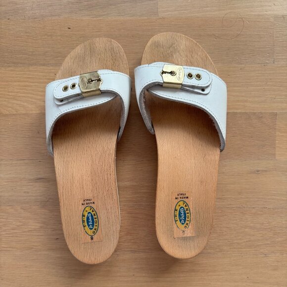 Dr. Scholls Original Exercise Sandals White Leather Wood Vtg Made in Italy EUC - Picture 1 of 6